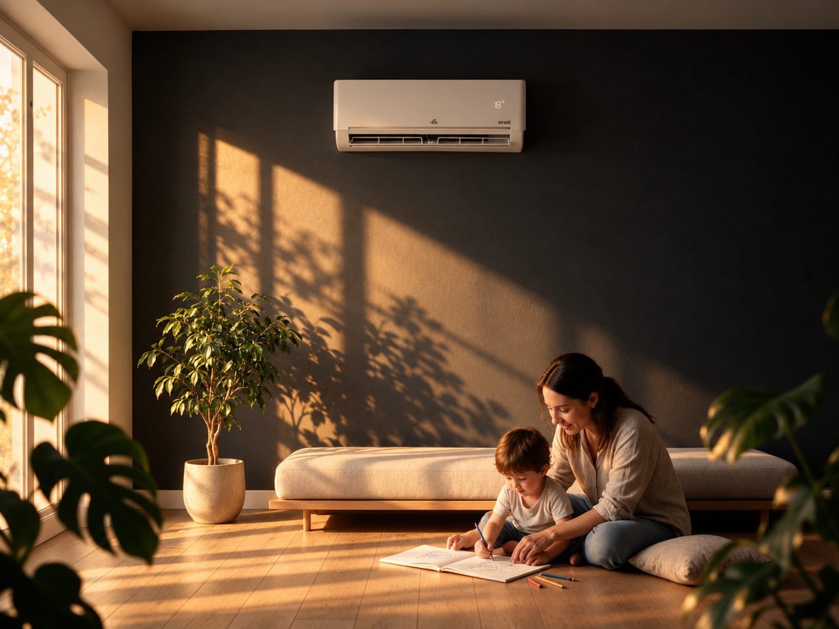 A mother and child draw on the floor beneath an evvoli air conditioner