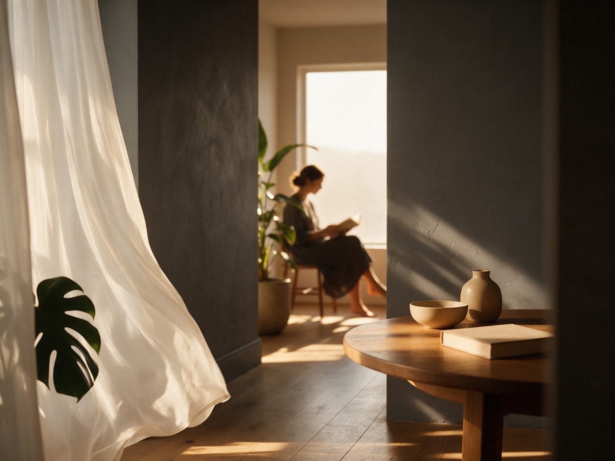 Late-afternoon light through a curtain; a woman reads at a wooden table