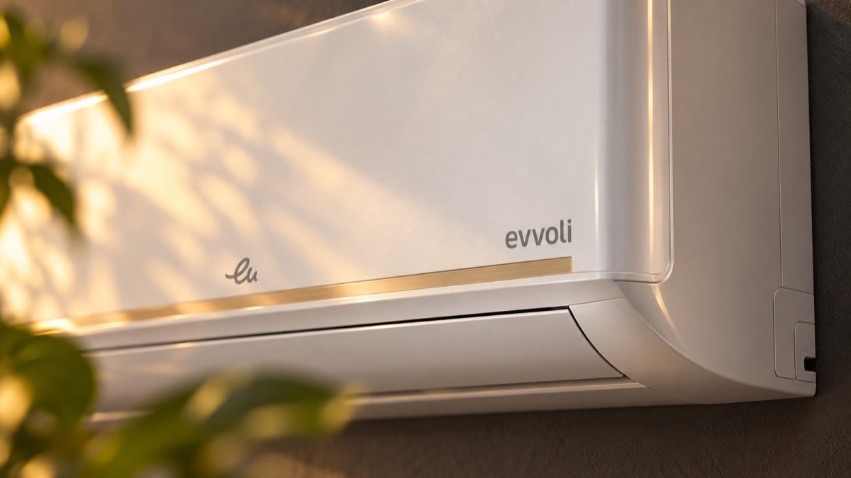 Close-up of the white evvoli indoor unit in evening light