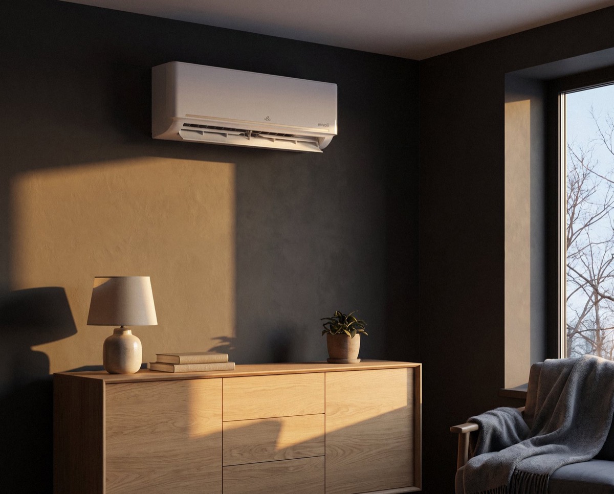 Afternoon light on a dark wall; the evvoli EU-1 air conditioner above a wooden sideboard