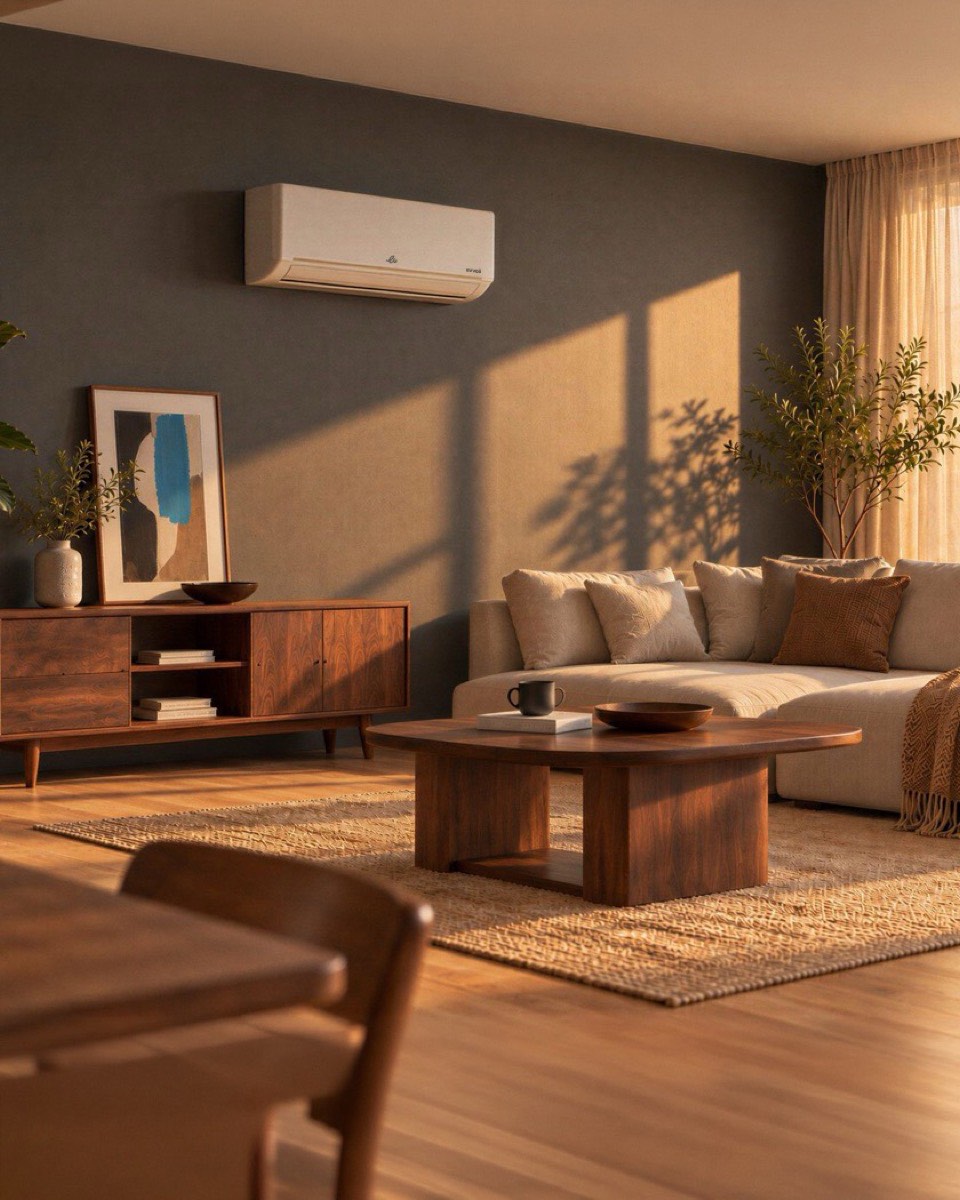 Luce dorata in un soggiorno con piante: il climatizzatore evvoli sopra la credenza