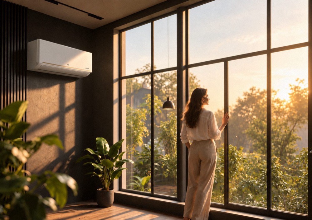 An evvoli air conditioner above tall windows as the sun sets