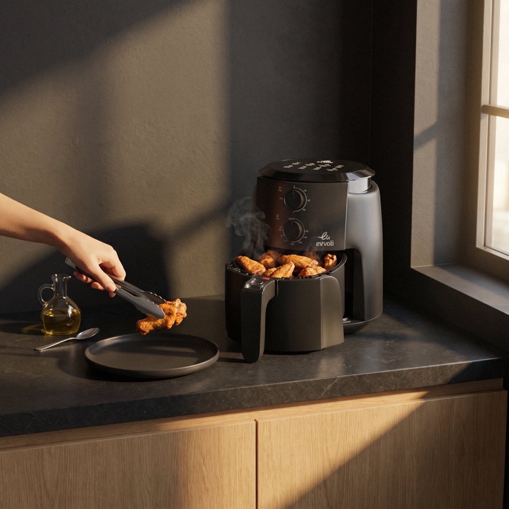 Tongs lift crisp chicken wings from the 4 L basket, a small cruet of oil beside