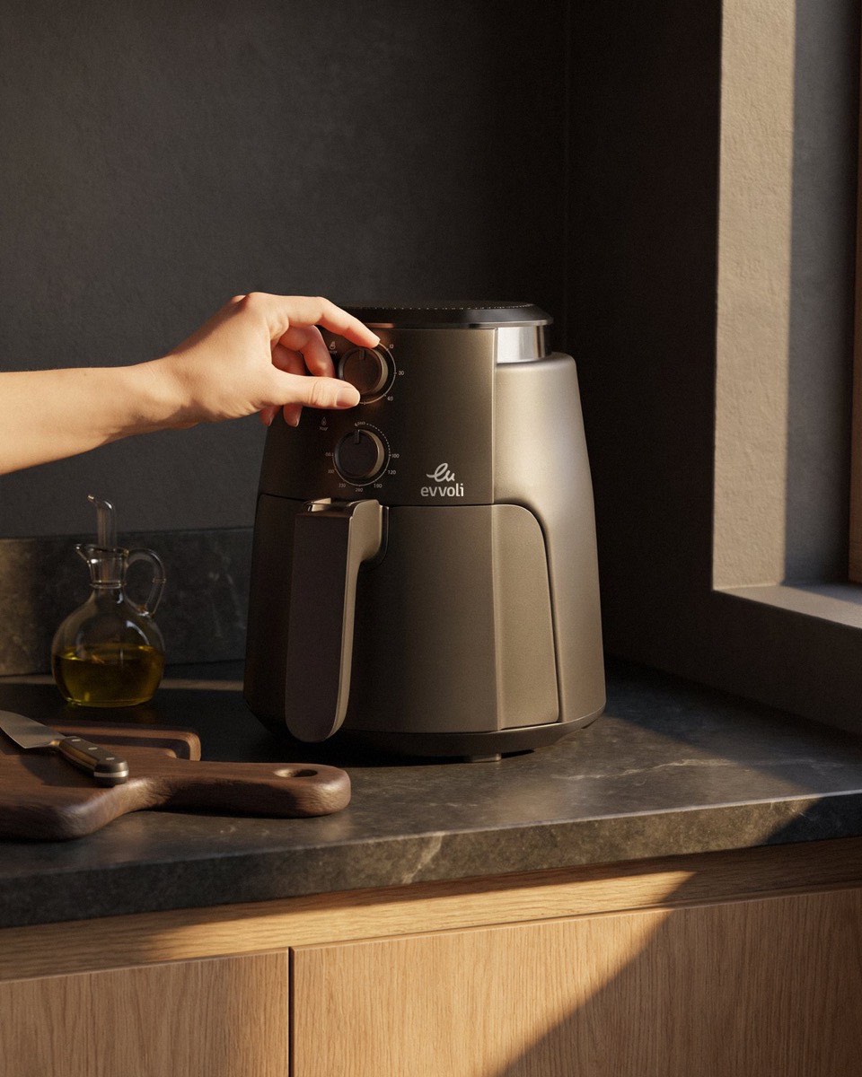 A hand turns the dial of the evvoli 4 L air fryer in late golden light, sliced potatoes on the board