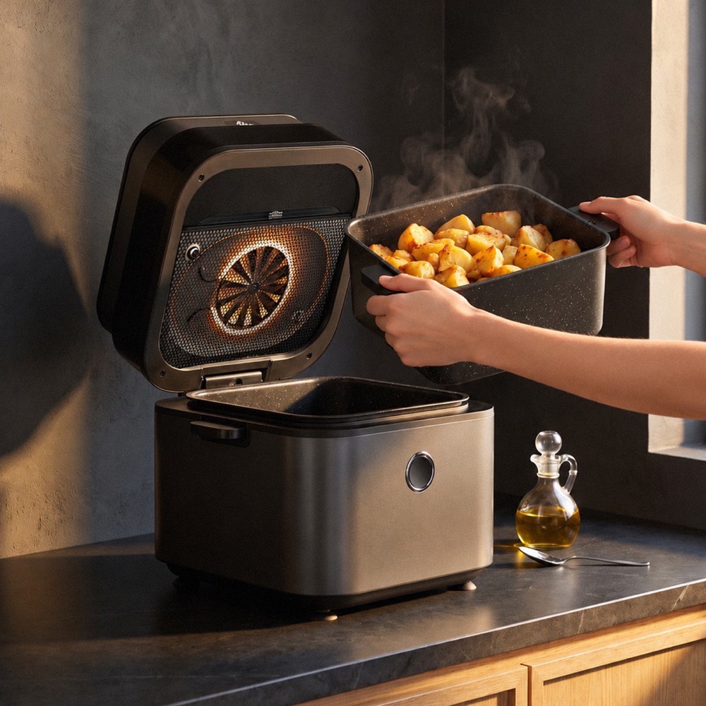 The 8 L lid hinges up and the pot lifts out, potatoes golden with a spoon of oil