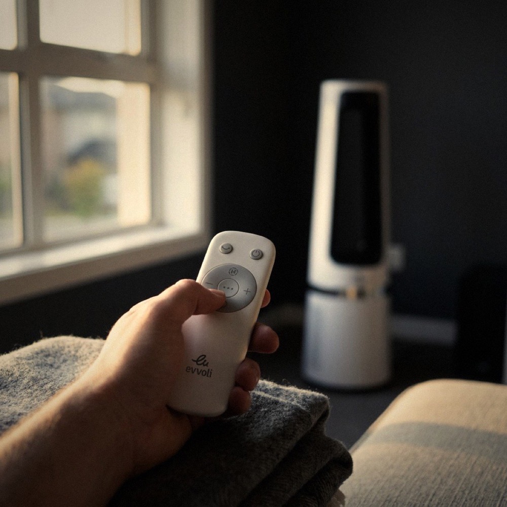 The evvoli remote in hand, the tower across the room