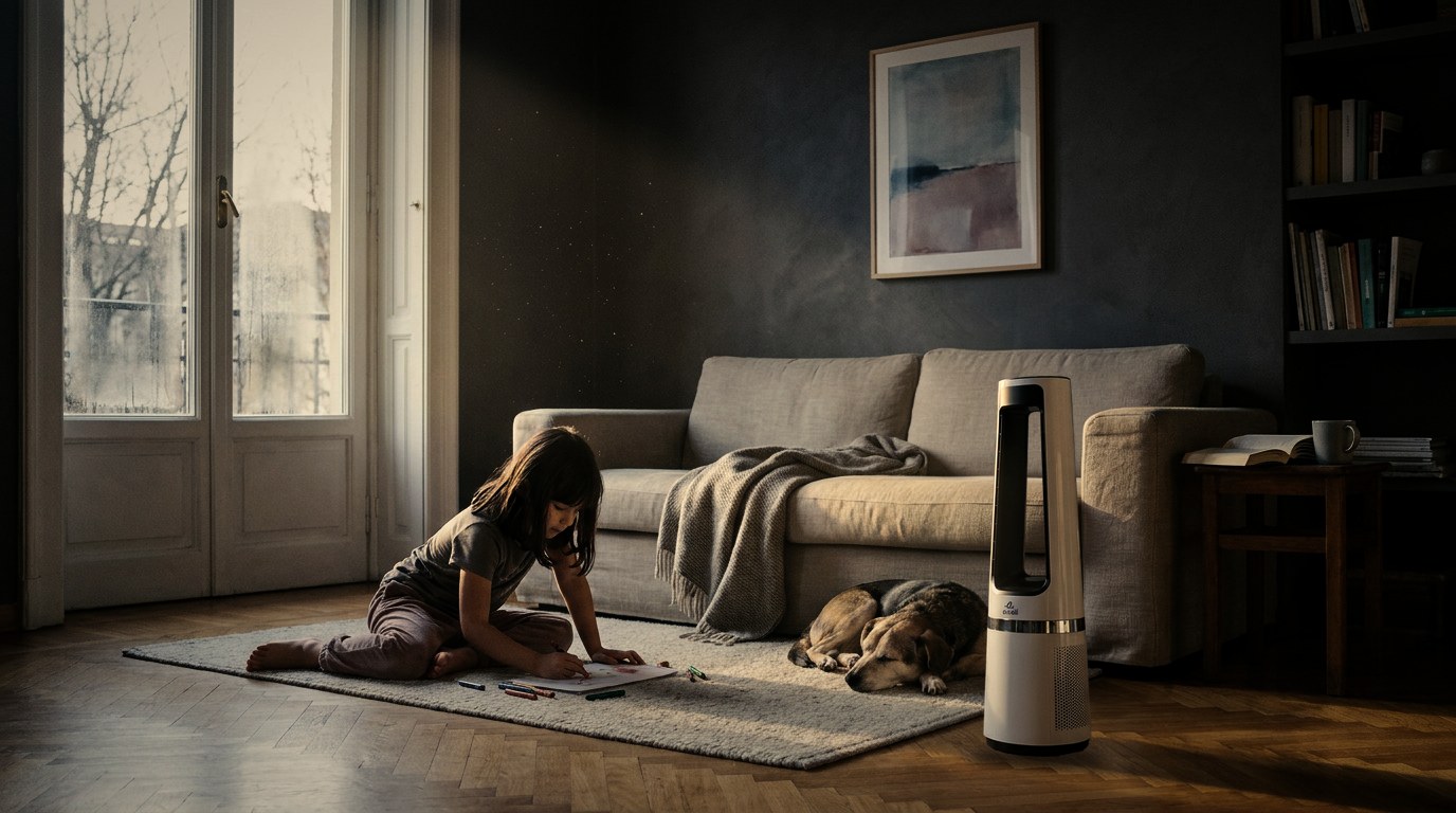 A girl draws on the rug while a dog sleeps beside the tower