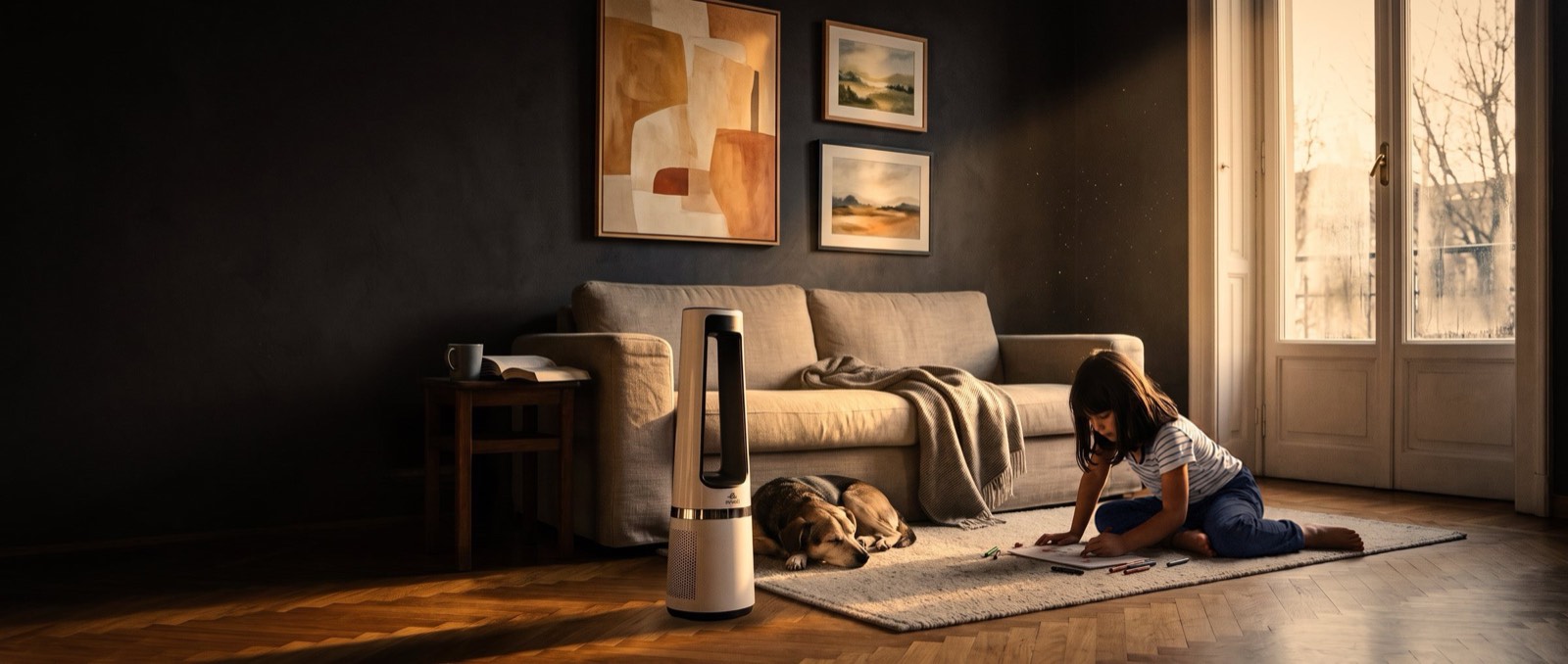 Sun through the window, clean air around the girl, the dog and the tower